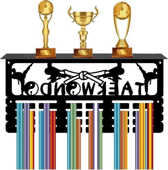 Display per Trofei per Taekwondo - 4 Righe Montaggio a Parete Metallico - 70+ Medaglie - Display per Medaglie di Basket