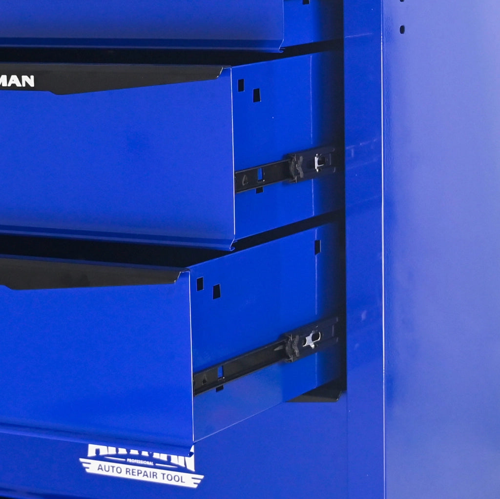 Carrello officina multifunzionale a 4 cassetti con ruote, struttura in acciaio verniciato, con piano in acciaio inox, nero e blu, 62,5x34,5x78 cm