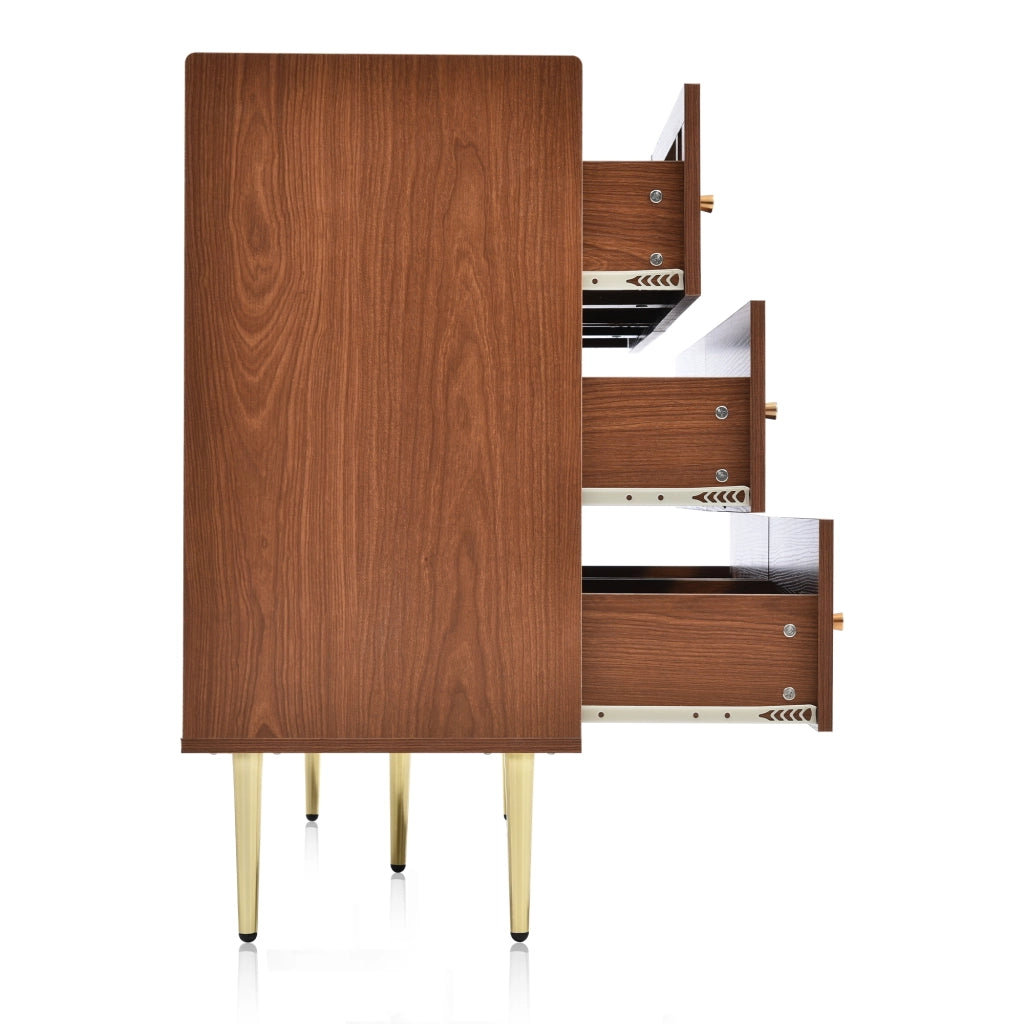 Cassettiera con 6 cassetti e 2 pannelli in rattan, finitura noce, per camera da letto, legno e metallo, 120 × 40 × 90 cm