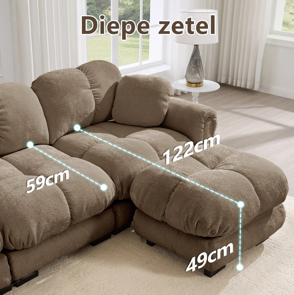 Divano 2 posti in ciniglia marrone con pouf mobile, design a U modulare, con cuscini spessi e supportivi