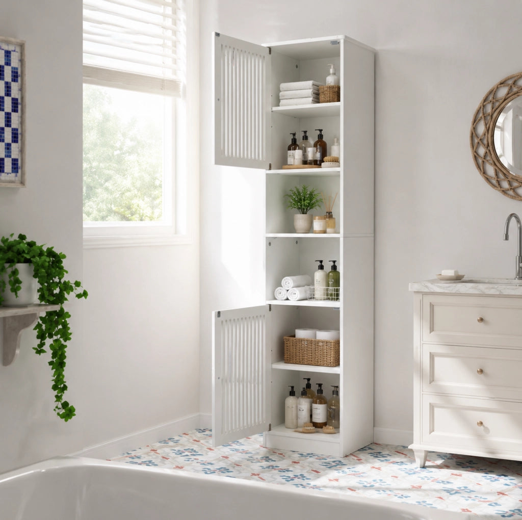 Colonna bagno bianca con ante a lamelle e ripiani regolabili