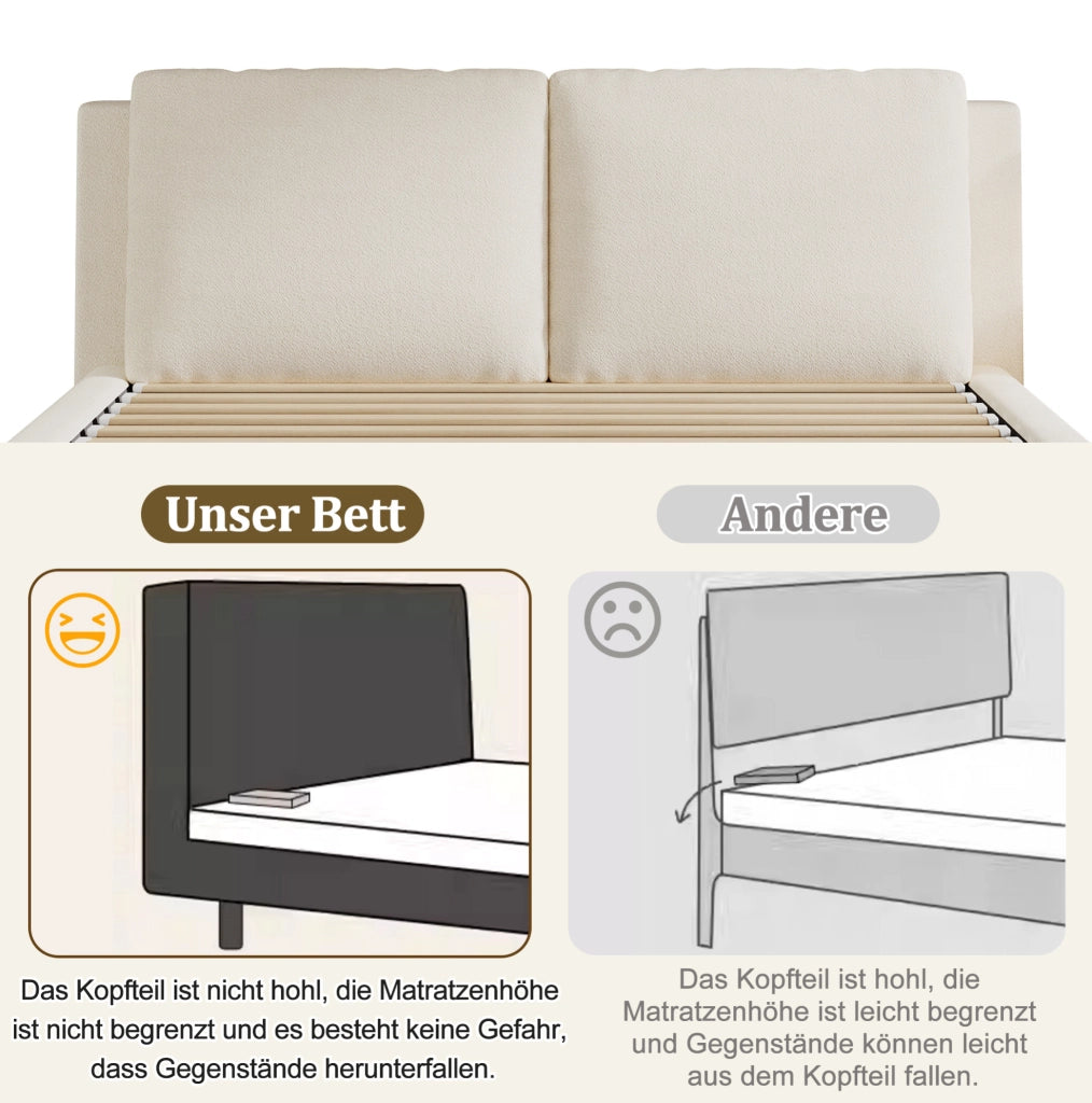Letto matrimoniale imbottito YEAVIO 180x200 cm con contenitore, rete a doghe e testiera in bouclé beige