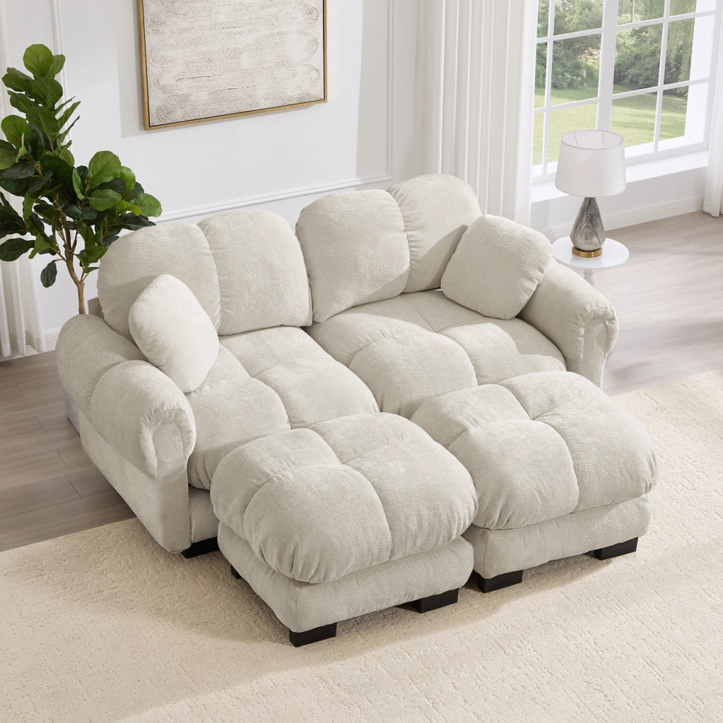 Divano 2 posti in chenille color kaki chiaro con pouf modulare e cuscini spessi