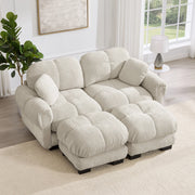 Divano 2 posti in chenille color kaki chiaro con pouf modulare e cuscini spessi