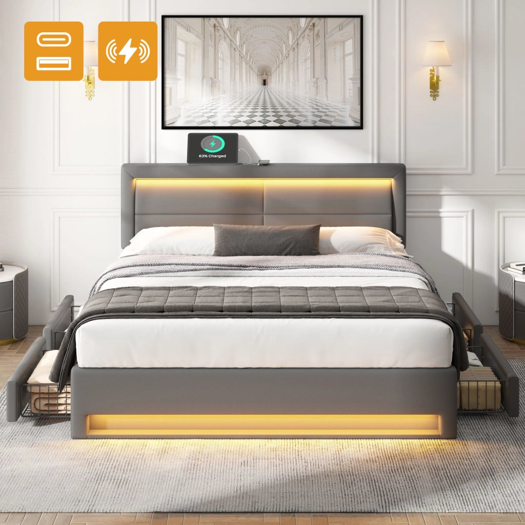 Letto con cassetti 140 × 200 cm imbottito in PU grigio con LED a 12 colori; USB; ricarica wireless e rete a doghe