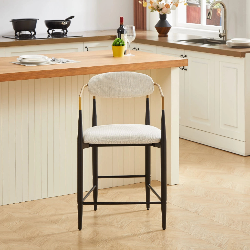 Set di 2 sgabelli da bar con braccioli e seduta imbottita per cucina in tessuto beige