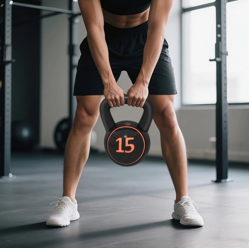 Set 3 kettlebell ULEVR da 2,2 kg, 4,5 kg e 6,8 kg con rivestimento in plastica nero e base piatta