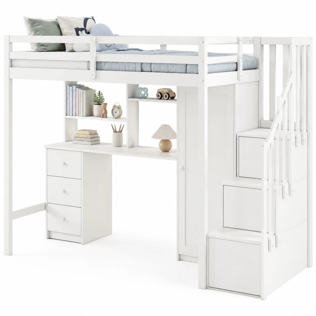 Letto a soppalco per bambini 90x200 cm bianco in MDF e legno con lavagna e contenitore， senza materasso