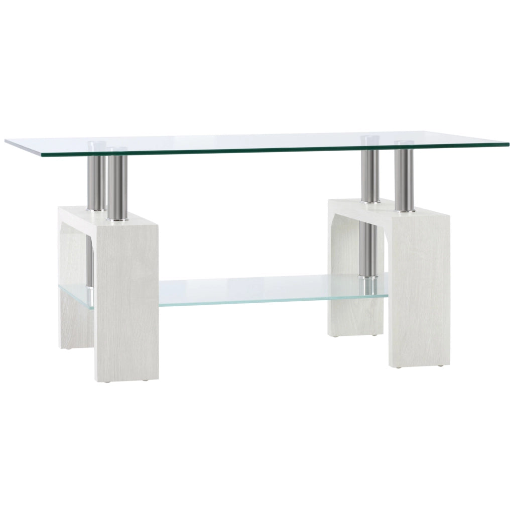Tavolino da Caff¨¨ Moderno a 2 Livelli in Vetro e Legno, 90x50x42cm, Bianco