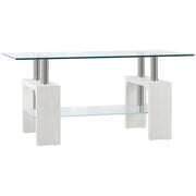 Tavolino da Caff¨¨ Moderno a 2 Livelli in Vetro e Legno, 90x50x42cm, Bianco
