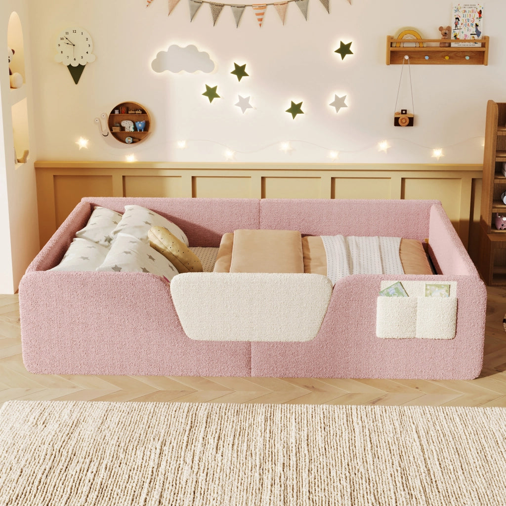 Letto per bambini imbottito 140 ¡Á 190 cm in velluto rosa con sponde removibili e tasca portaoggetti