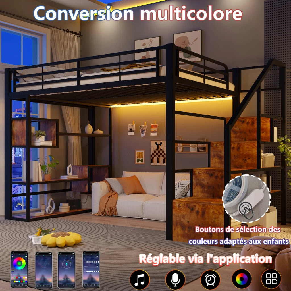 Letto a soppalco nero 140x200 cm, struttura in ferro con scale integrate, ringhiera, vano portaoggetti aperto e striscia LED. Materasso non incluso