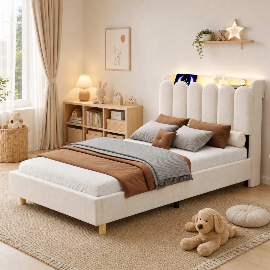 Letto singolo imbottito per bambini 90x200 cm in velluto beige con USB e luce