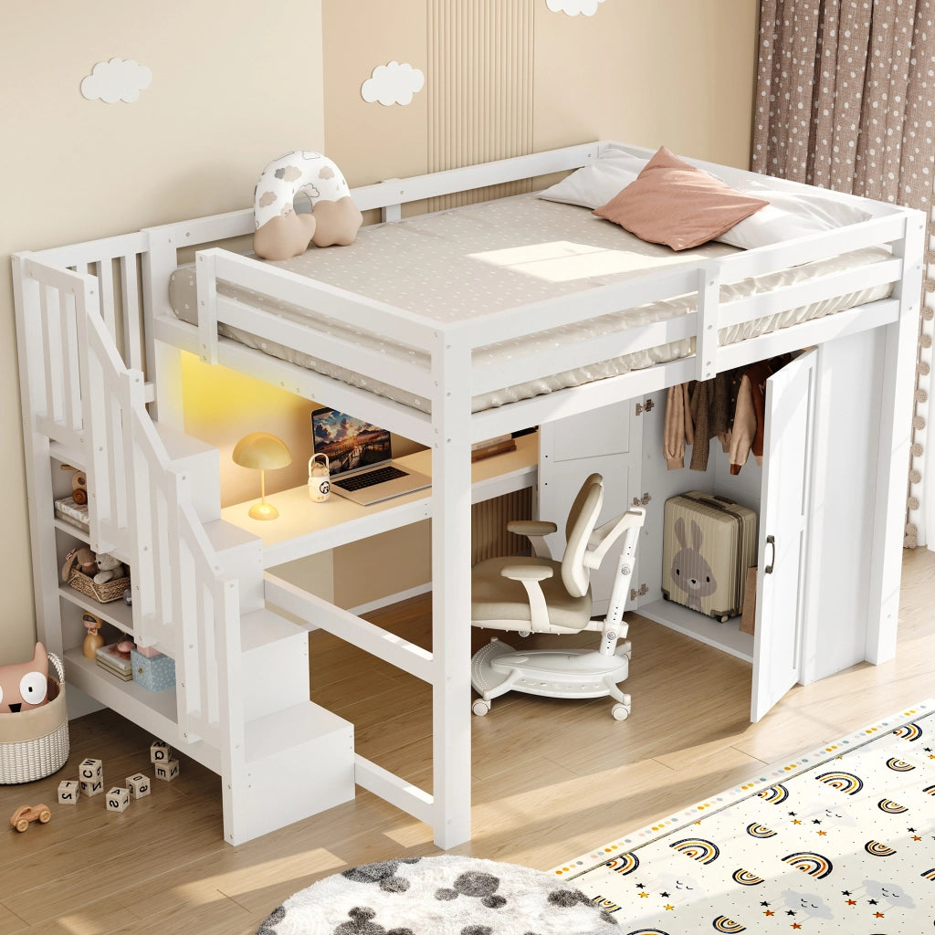 Letto a soppalco 140x200 con scrivania; armadio e LED; bianco