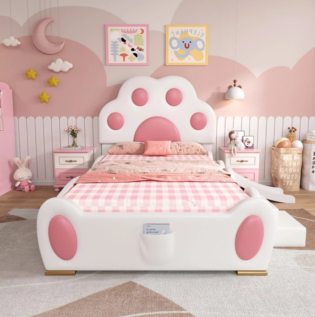 Letto singolo imbottito per bambini con scivolo e scaletta, testiera a forma di zampa di gatto, PU bianco e rosa, 90x200 cm