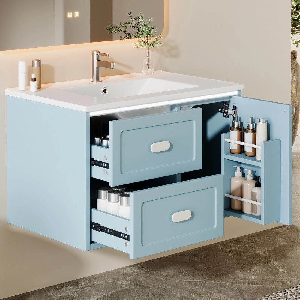 Mobile Bagno Sospeso con Lavabo Integrato e LED ¨C Xylo ¨C Blu, 2 Cassetti, 76x46x51 cm