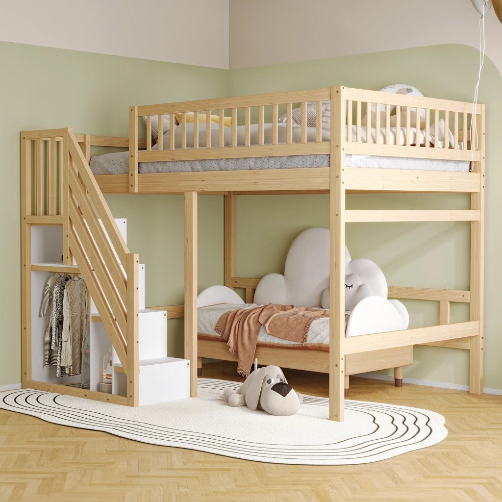 Letto a soppalco 140 × 200 cm con scala contenitore e barriera alta in legno colore naturale