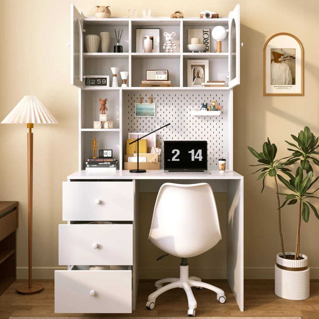 Scrivania dritta con vetrina, pannello portautensili e 3 cassetti, per studio, in MDF bianco, 100 × 55 × 180 cm