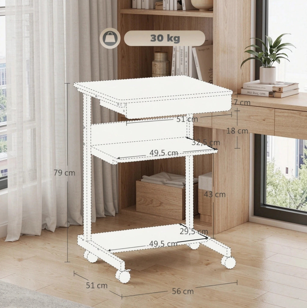 Scrivania per computer bianca 56x51x79 cm con cassetto, ripiano, supporto CPU e ruote per ufficio e home office