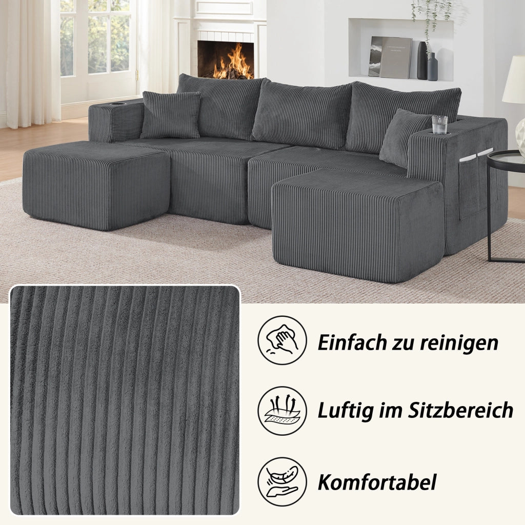Divano modulare angolare a L con 2 pouf mobili, portabicchieri, tasche laterali e tessuto a coste
