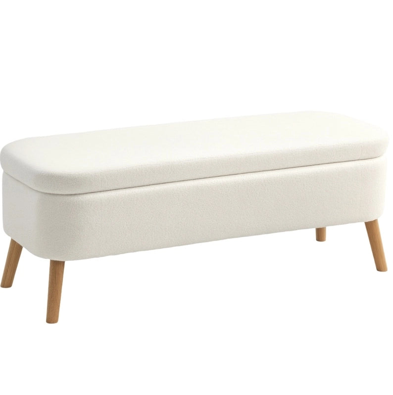 Panca portaoggetti con 65 L di spazio, rivestimento in fleece crema, gambe in legno di caucciù, 120 x 42 x 45 cm