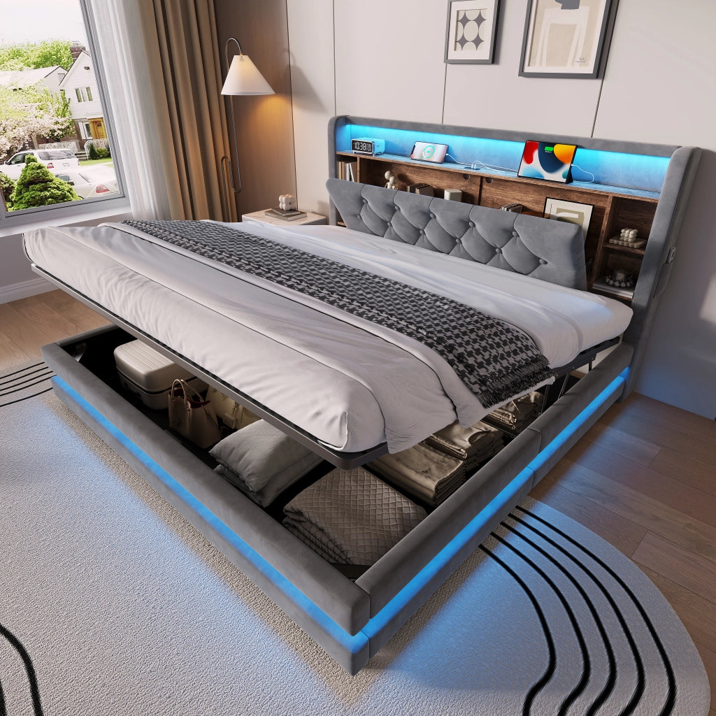 Letto contenitore con testiera multifunzione LED USB e Type-C rivestito in velluto grigio scuro