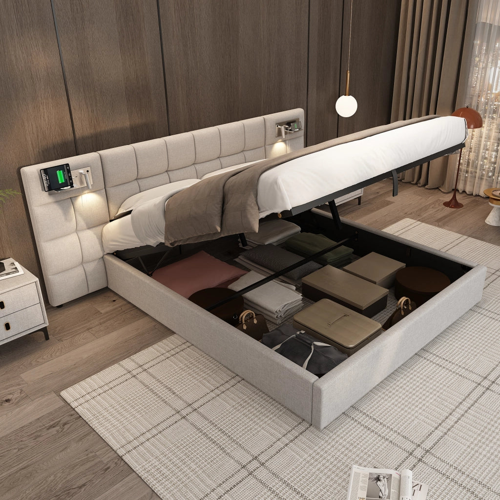 LETTO Contenitore Idraulico 180x200 cm Lino Grigio USB Ricarica Wireless Luce