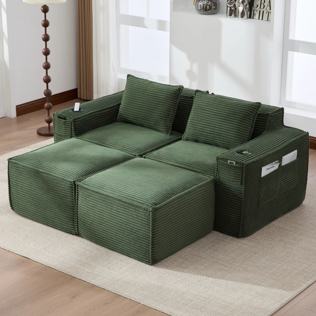 Divano modulare 2 posti con pouf, porta bicchieri e tasche laterali, verde