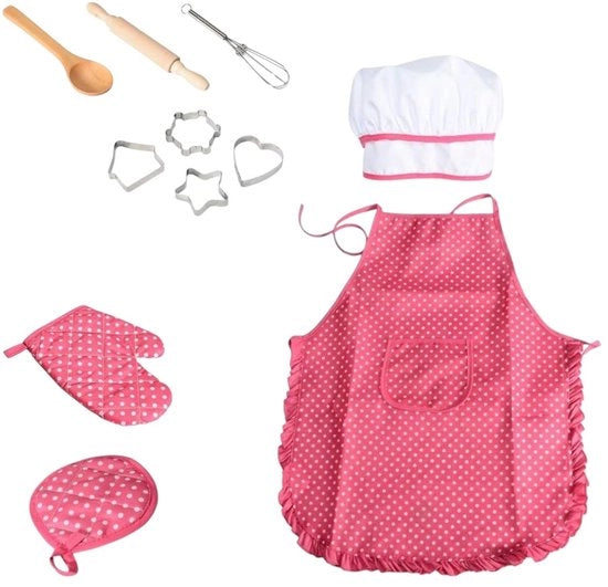 Set di grembiuli per bambini 11 pezzi, abbigliamento da cucina, accessori da cucina, adatto per la cucina (rosa)