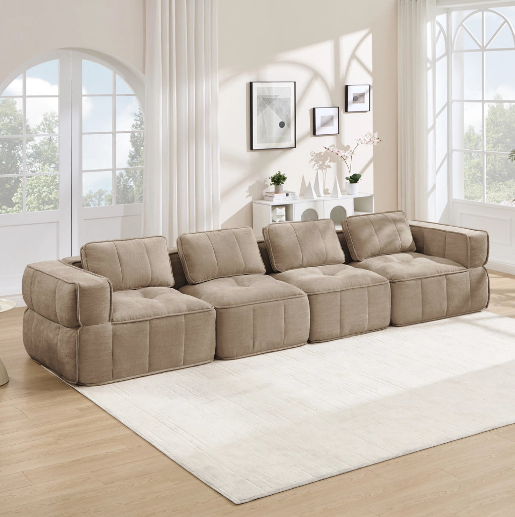 Divano modulare 4 posti 344x93x67 cm in poliestere sabbia, senza montaggio