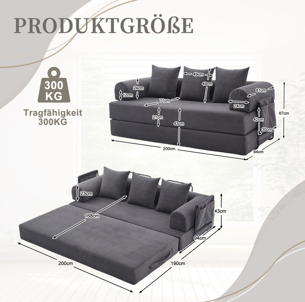 Divano modulare 200x94x67 cm in velluto a coste grigio scuro con tasca