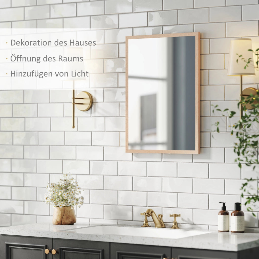 Specchio da parete 50x70 cm con 4 ganci, MDF naturale