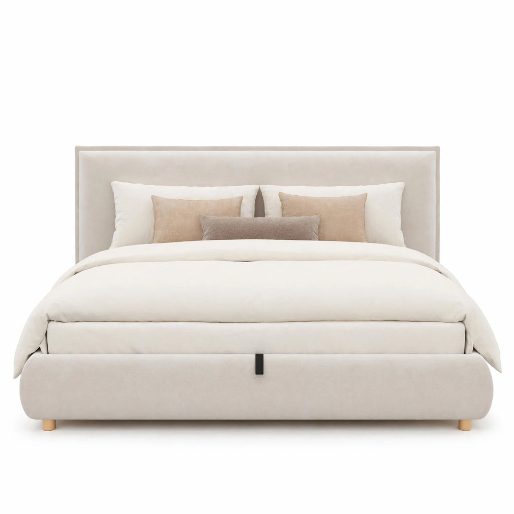 Letto matrimoniale contenitore 180x200 cm in velluto crema con rete a doghe e testiera