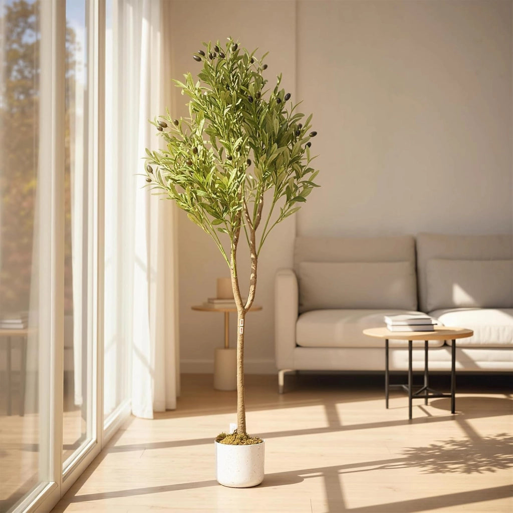 Albero di Olivo Artificiale 130 cm con Tronco Naturale e Foglie in Poliestere