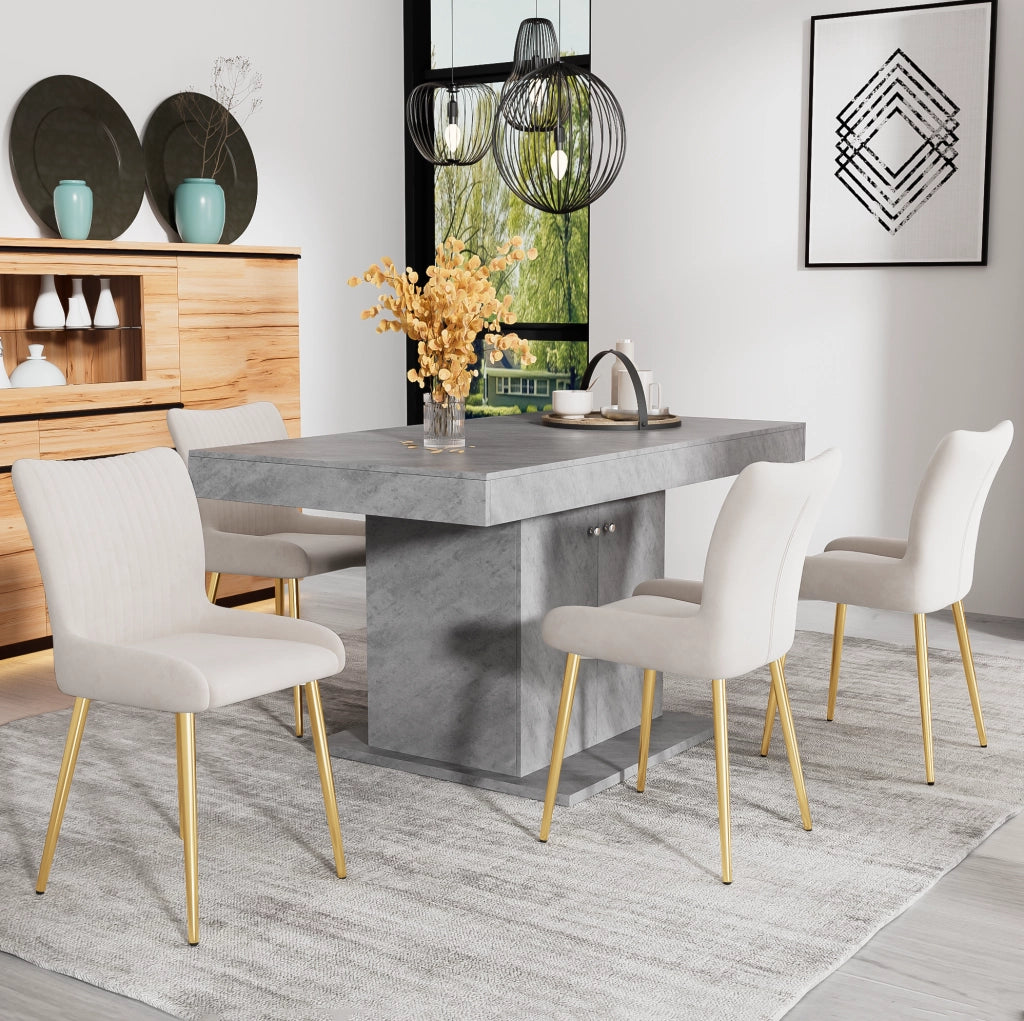 Set 4 sedie da pranzo in velluto beige con gambe in metallo dorato
