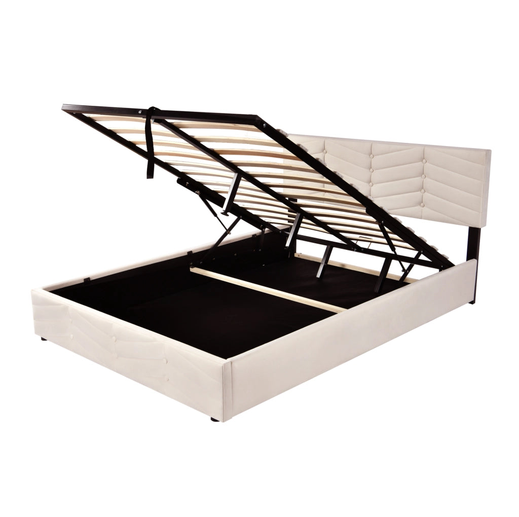 Letto imbottito 140x200 cm con rete a doghe e testiera regolabile in velluto beige