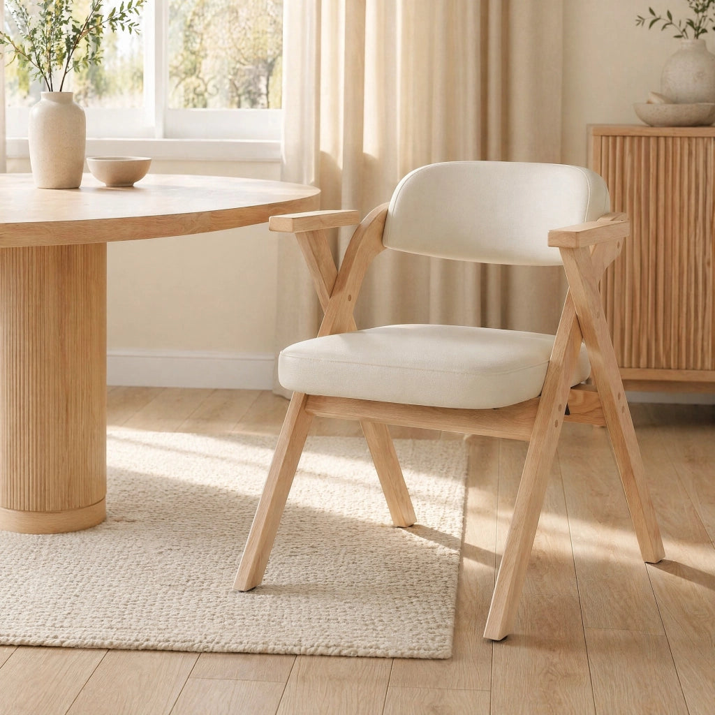 Set di 2 sedie da pranzo pieghevoli in legno massello e lino beige con braccioli