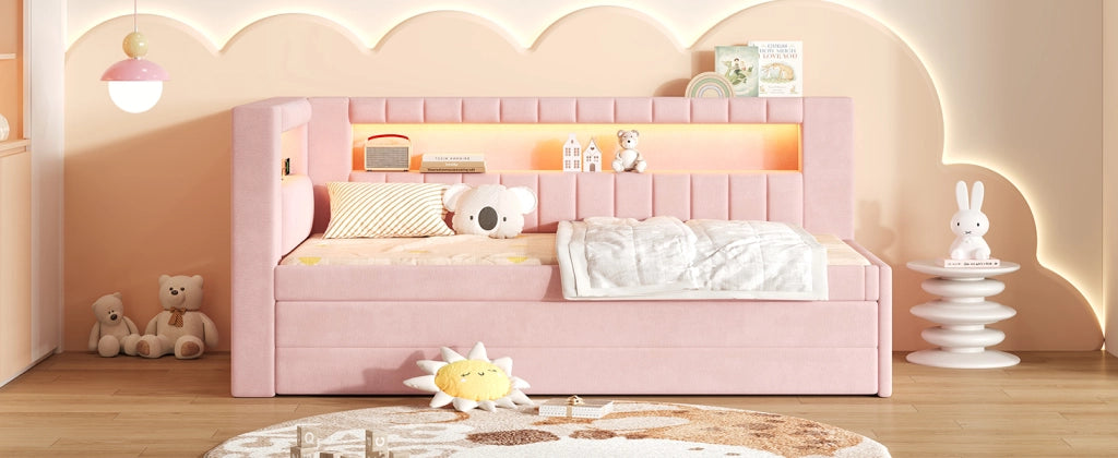 Letto singolo imbottito 90 × 200 cm con letto estraibile tre cassetti USB LED MDF e compensato rosa