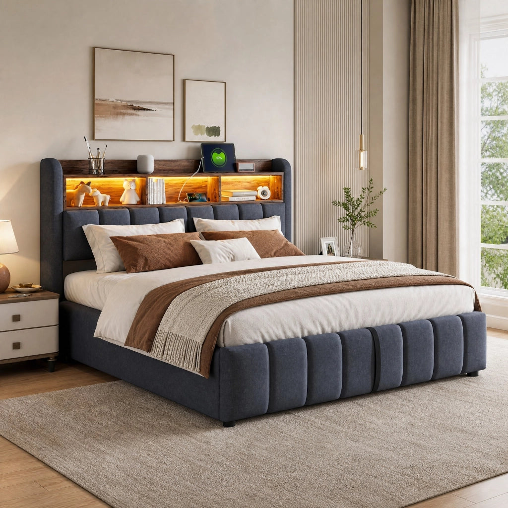 Letto imbottito 180x200 cm con LED; contenitore; USB e Type-C; grigio