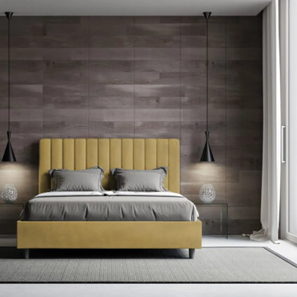 Letto matrimoniale francese con rete imbottito 140x210 microfibra ocra Agueda