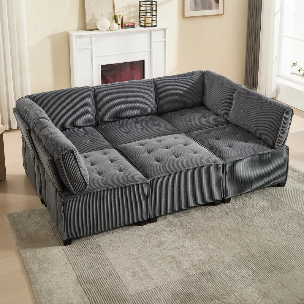 Divano modulare 6 posti in velluto a coste trasformabile in U L o letto con tasche laterali grigio