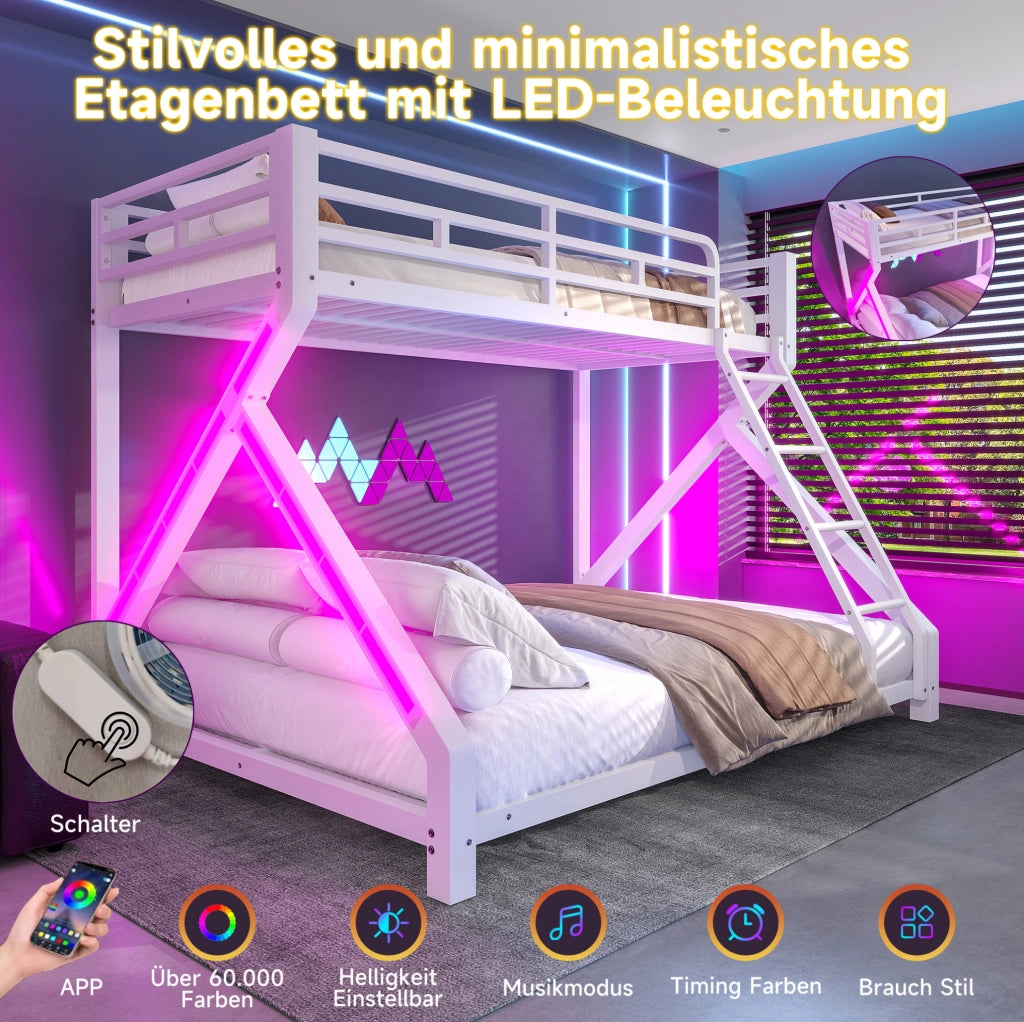 Letto a Castello in Ferro 90x200 cm e 140x200 cm con Striscia LED, Corrimano di Sicurezza e Scala, Bianco, Senza Materasso