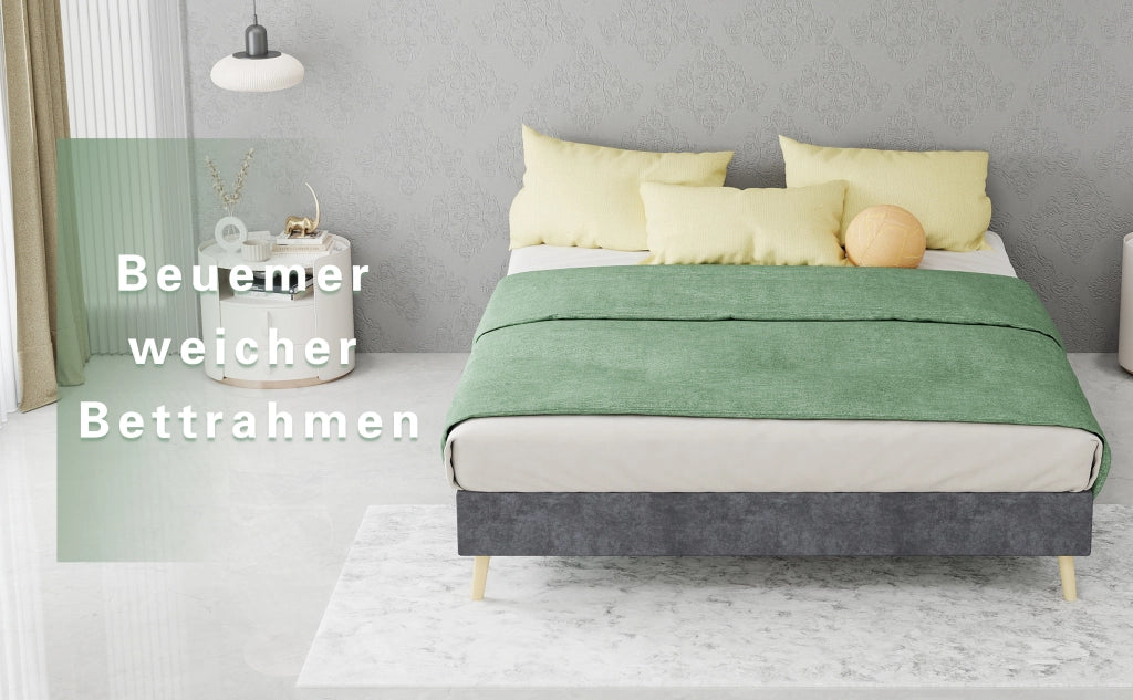 Letto a piattaforma imbottito con testiera a forma di cartoon, velluto, grigio, 140x200 cm, senza materasso