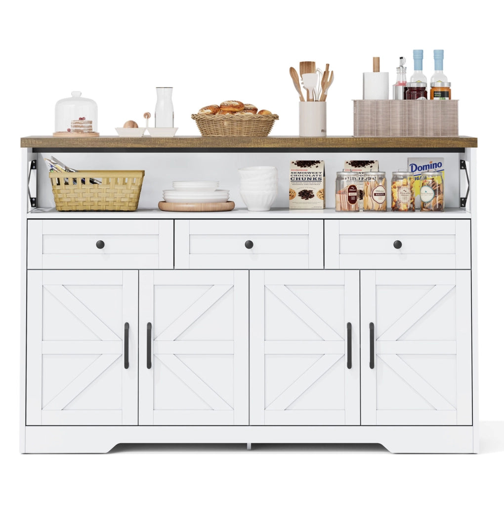 Buffet rustico 140 cm con 3 cassetti, ante con ripiani e vano aperto, mobile contenitore per cucina, soggiorno e ingresso bianco/marrone