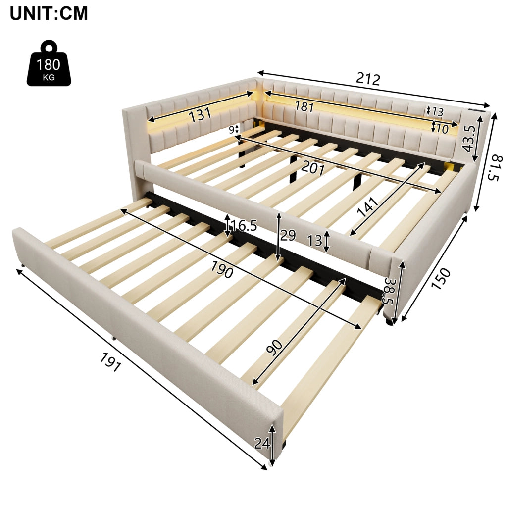 Letto Daybett in Lino Beige 140x200 cm con Letto Estraibile, Striscia LED a Telecomando, USB e Type-C
