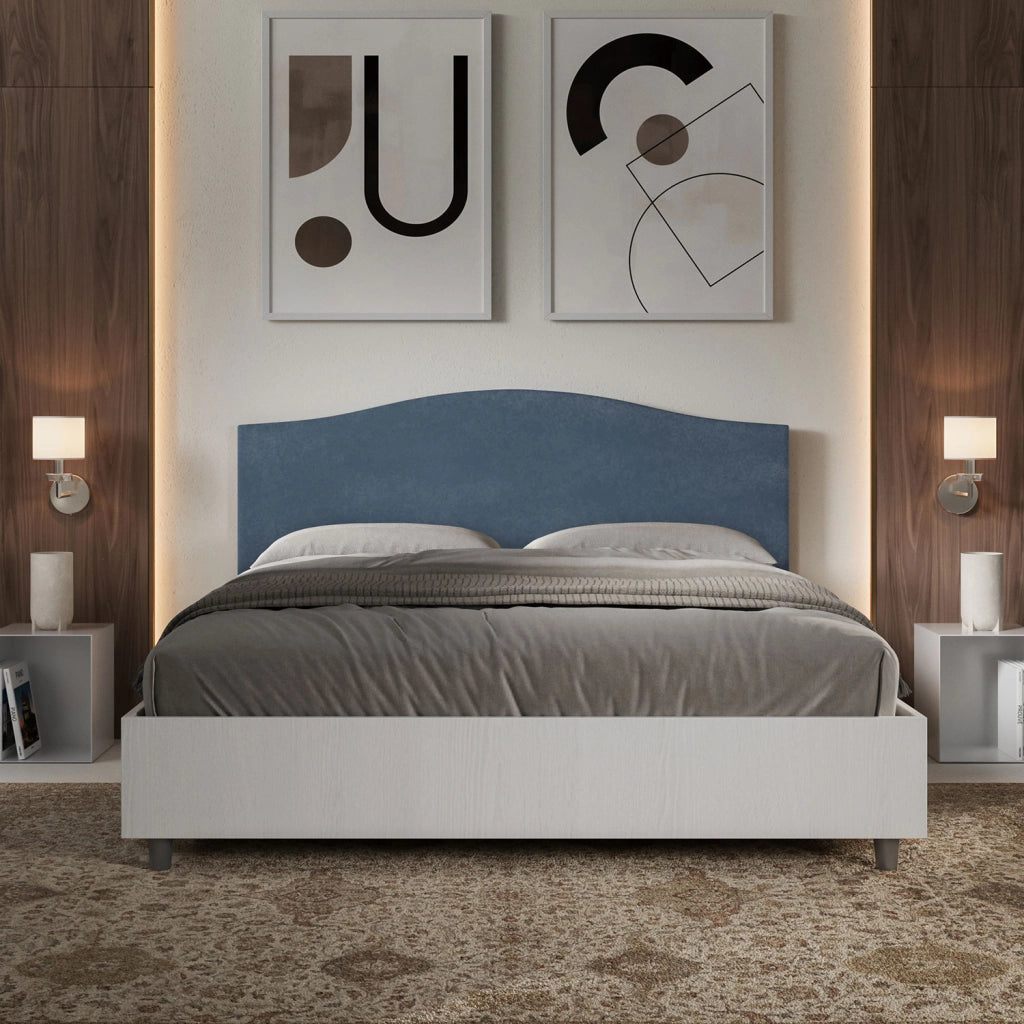 BS COM Letto matrimoniale contenitore 160x200 bianco frassino testata microfibra blu