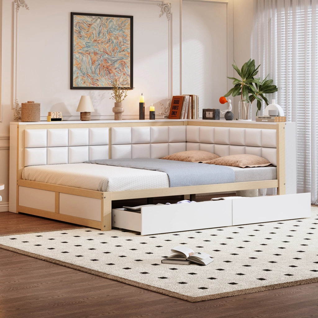 Letto singolo 140×200 cm con 2 cassetti e schienale morbido; senza materasso; legno; colore naturale