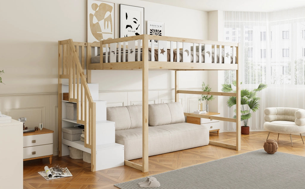 Letto a soppalco per bambini 140 × 200 cm con scala ripiani area divano e decorazioni luna e stelle in legno
