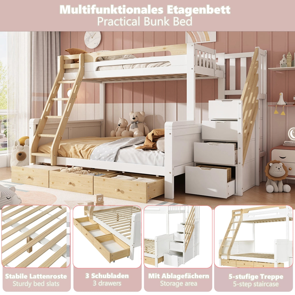 Letto a castello 90x200 e 140x200 cm in pino e MDF; bianco e naturale; con scala contenitore e 3 cassetti per cameretta