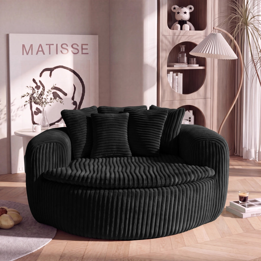Poltrona lounge in velluto a coste nera con 5 cuscini seduta profonda con molle insacchettate e base antiscivolo